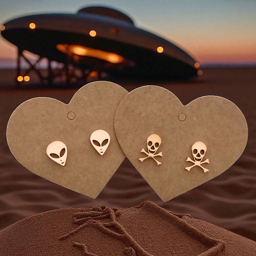 🆕 (2 Pairs) Aliens and Skull and Bones Stud Earrings- Stainless Steel